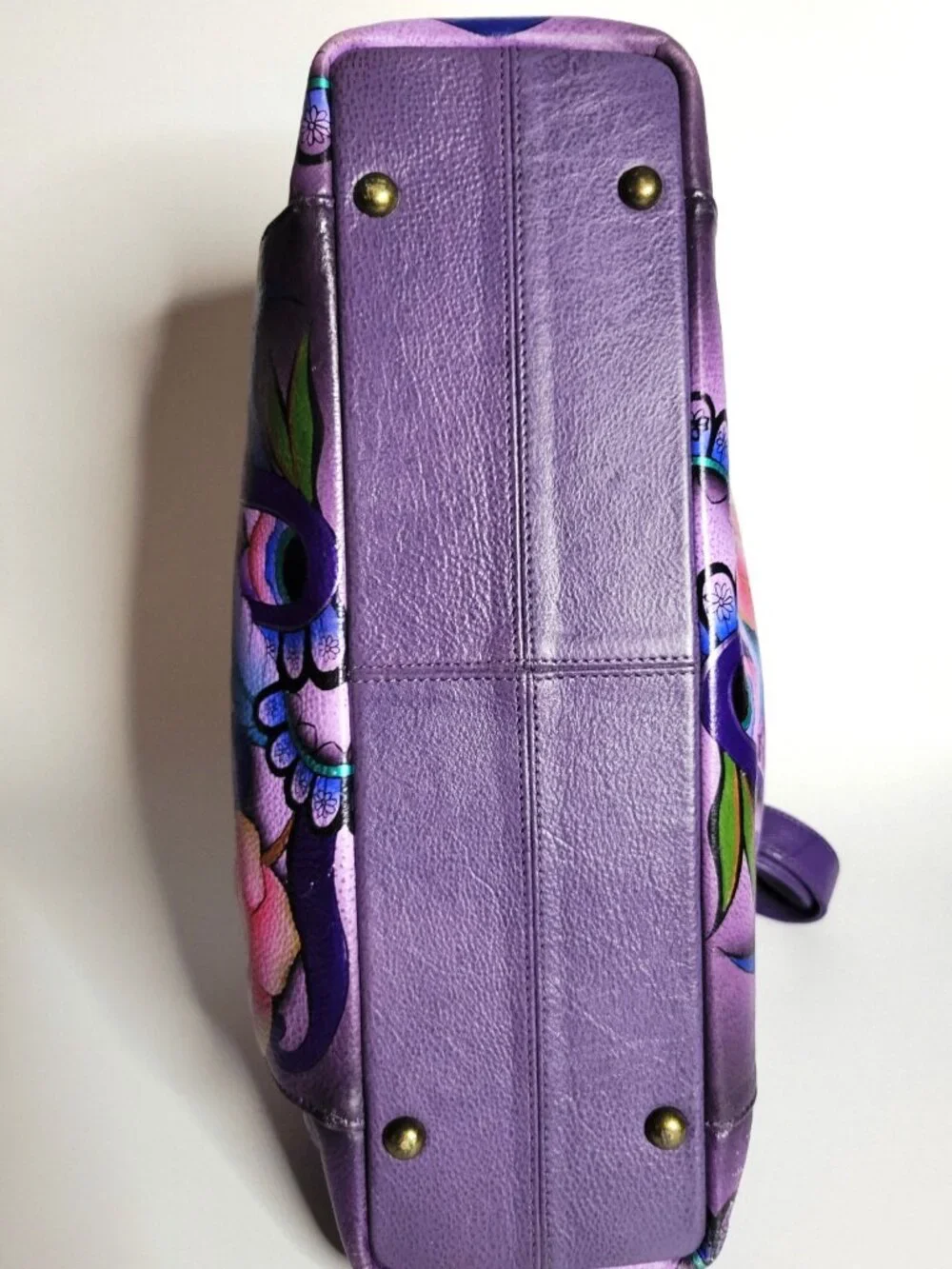 ANUSCHKA Painted Genuine Leather Purple Peonies Paisley Hobo Shoulder Bag EUC